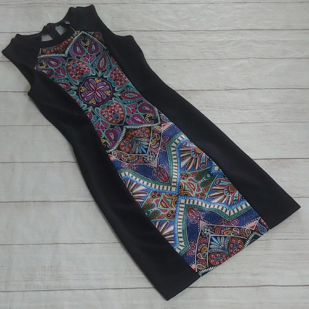 Nicole By Nicole Miller Black Sheath Dress With Patterned Panel